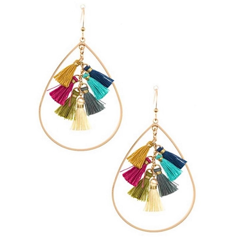 Ethel & Myrtle Gold Teardrop Dangle Earrings with Multicolor Tassels, 3” Drop